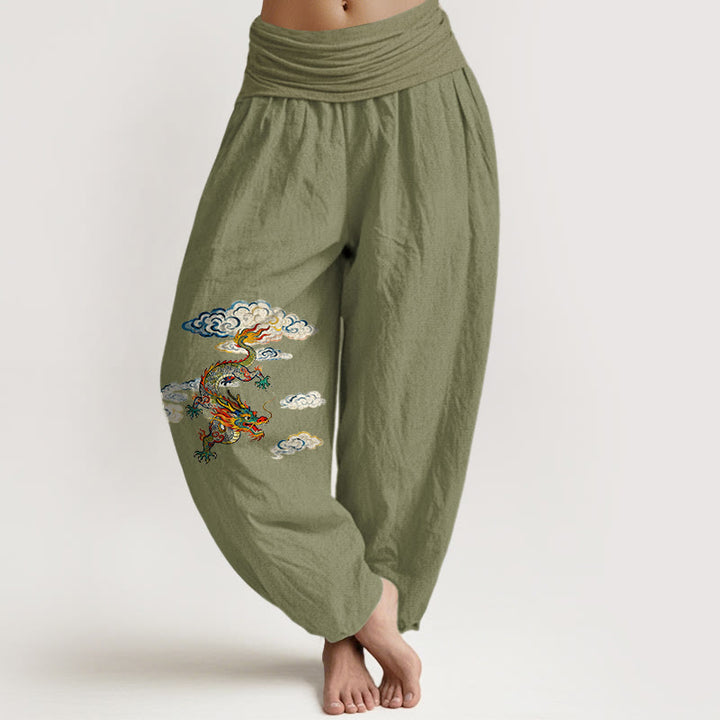 Pantalones bombachos de cintura elástica para mujer, de algodón puro con estampado de nubes y dragones de colores y Buddha Stones. - Verde oliva - US16，UK/AU20，EU48 (3XL) - image 14