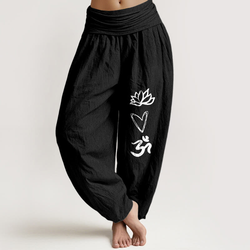 Pantalones bombachos de cintura elástica para mujer, de algodón puro con estampado de Buddha Stones , forma de corazón de loto y símbolo Om. - Negro - US16，UK/AU20，EU48 (3XL) - image 5