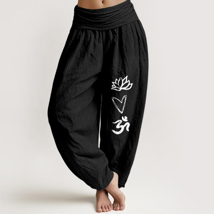Pantalones bombachos de cintura elástica para mujer, de algodón puro con estampado de Buddha Stones , forma de corazón de loto y símbolo Om. - Negro - US16，UK/AU20，EU48 (3XL) - image 5