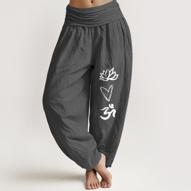 Pantalones bombachos de cintura elástica para mujer, de algodón puro con estampado de Buddha Stones , forma de corazón de loto y símbolo Om. - Gris tenue - US16，UK/AU20，EU48 (3XL) - image 8