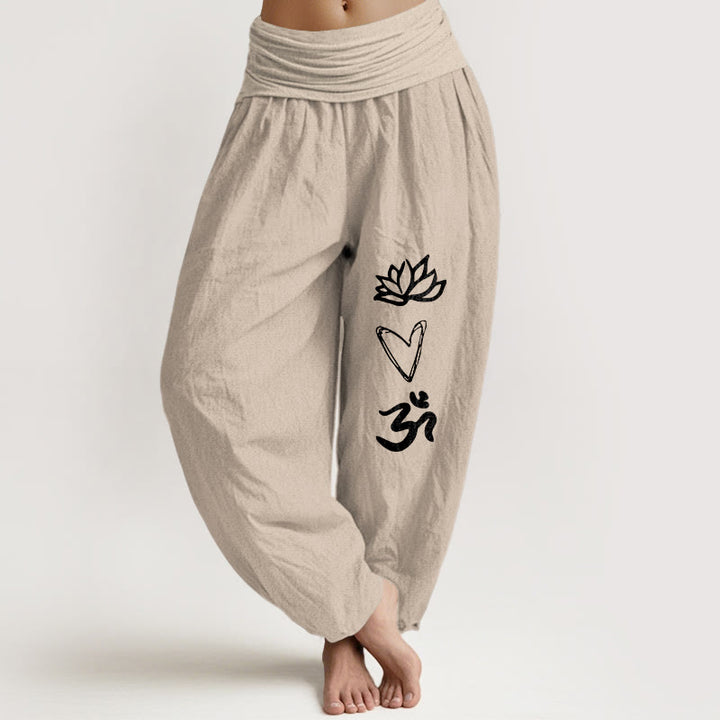 Pantalones bombachos de cintura elástica para mujer, de algodón puro con estampado de Buddha Stones , forma de corazón de loto y símbolo Om. - Broncearse - US16，UK/AU20，EU48 (3XL) - image 11