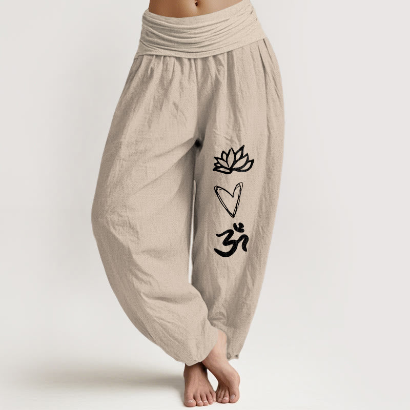 Pantalones bombachos de cintura elástica para mujer, de algodón puro con estampado de Buddha Stones , forma de corazón de loto y símbolo Om. - Broncearse - US16，UK/AU20，EU48 (3XL) - image 11