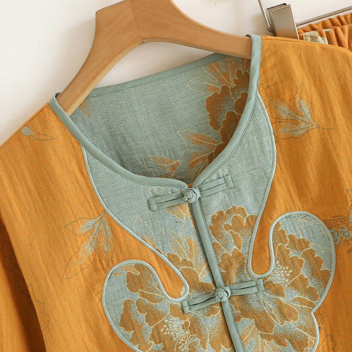 Conjunto de camisa tipo cárdigan y pantalón de manga larga con estampado de botones de rana y bolsillos, de algodón , con Buddha Stones (2 piezas).  - image 2