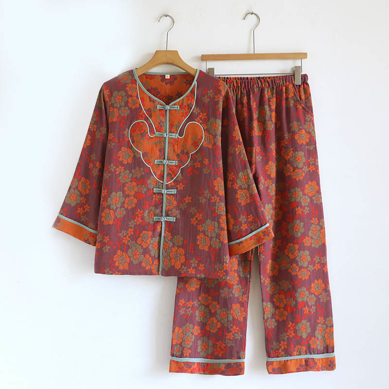 Conjunto de camisa tipo cárdigan y pantalón de manga larga con estampado de botones de rana y bolsillos, de algodón , con Buddha Stones (2 piezas).  - Ladrillo refractario - US8-10, UK/AU12-14, EU40-42 (XL) - image 20