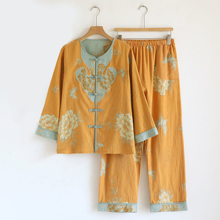 Conjunto de camisa tipo cárdigan y pantalón de manga larga con estampado de botones de rana y bolsillos, de algodón , con Buddha Stones (2 piezas).  - Naranja - US8-10, UK/AU12-14, EU40-42 (XL) - image 0