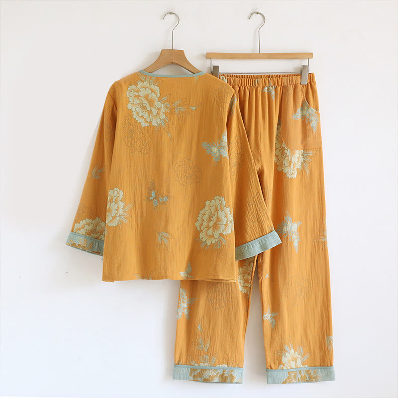 Conjunto de camisa tipo cárdigan y pantalón de manga larga con estampado de botones de rana y bolsillos, de algodón , con Buddha Stones (2 piezas).  - image 1