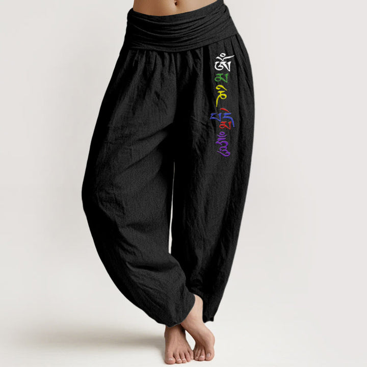 Pantalones bombachos de cintura elástica para mujer, de algodón puro con estampado de Buddha Stones , símbolo Om y escritura tibetana. - Negro - US16，UK/AU20，EU48 (3XL) - image 0