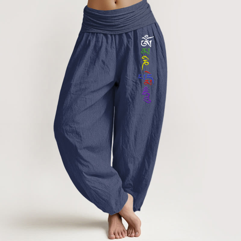 Pantalones bombachos de cintura elástica para mujer, de algodón puro con estampado de Buddha Stones , símbolo Om y escritura tibetana. - Azul pizarra oscuro - US16，UK/AU20，EU48 (3XL) - image 5