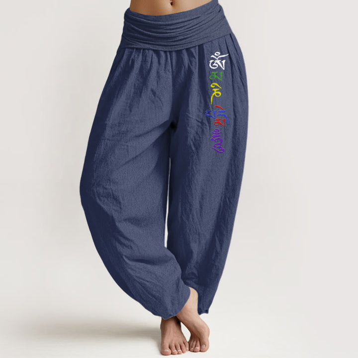 Pantalones bombachos de cintura elástica para mujer, de algodón puro con estampado de Buddha Stones , símbolo Om y escritura tibetana. - Azul pizarra oscuro - US16，UK/AU20，EU48 (3XL) - image 5