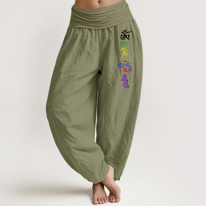 Pantalones bombachos de cintura elástica para mujer, de algodón puro con estampado de Buddha Stones , símbolo Om y escritura tibetana. - Verde oliva - US16，UK/AU20，EU48 (3XL) - image 14