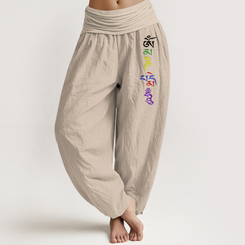 Pantalones bombachos de cintura elástica para mujer, de algodón puro con estampado de Buddha Stones , símbolo Om y escritura tibetana. - Broncearse - US16，UK/AU20，EU48 (3XL) - image 11