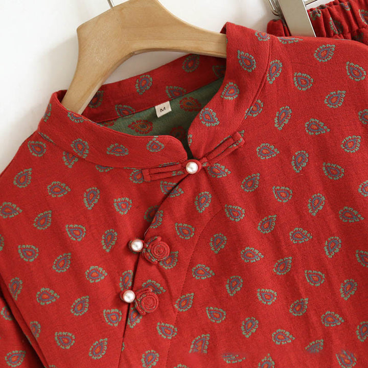 Conjunto de camisa y pantalón de manga larga con botones de rana, estampado floral colorido y bolsillos, de algodón puro, con estampado de Buddha Stones (2 piezas).  - image 9