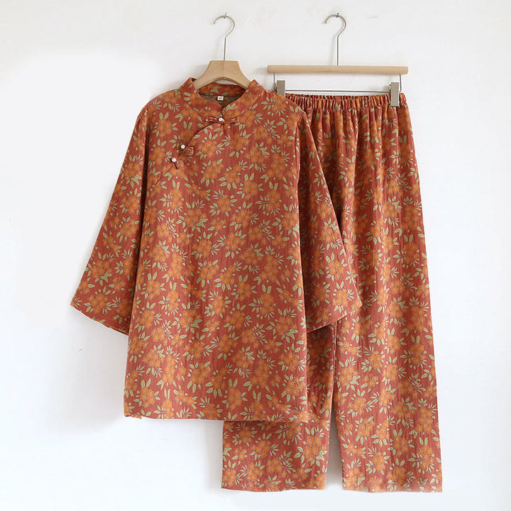 Conjunto de camisa y pantalón de manga larga con botones de rana, estampado floral colorido y bolsillos, de algodón puro, con estampado de Buddha Stones (2 piezas).  - Rojo indio - US6，UK/AU10，EU38 (XL) - image 19