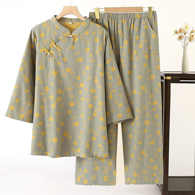Conjunto de camisa y pantalón de manga larga con botones de rana, estampado floral colorido y bolsillos, de algodón puro, con estampado de Buddha Stones (2 piezas).  - Verde mar oscuro - US6，UK/AU10，EU38 (XL) - image 0