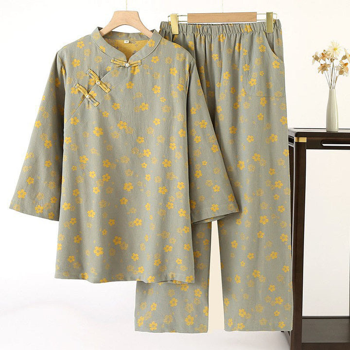 Conjunto de camisa y pantalón de manga larga con botones de rana, estampado floral colorido y bolsillos, de algodón puro, con estampado de Buddha Stones (2 piezas).  - Verde mar oscuro - US6，UK/AU10，EU38 (XL) - image 0