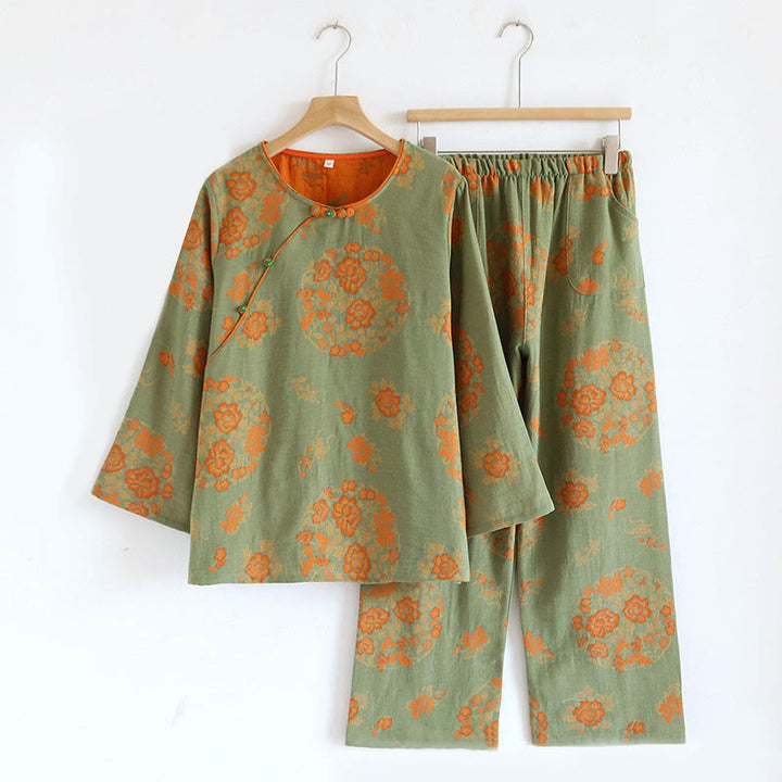 Conjunto de camisa y pantalón de algodón de 2 piezas con estampado floral, cuello redondo y botones, manga larga y bolsillos , Buddha Stones.  - Floral verde mar oscuro - US6，UK/AU10，EU38 (XL) - image 0
