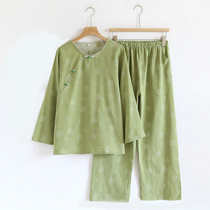 Conjunto de camisa y pantalón de algodón de 2 piezas con estampado floral, cuello redondo y botones, manga larga y bolsillos , Buddha Stones.  - Ciruela verde claro Bossom - US6，UK/AU10，EU38 (XL) - image 4