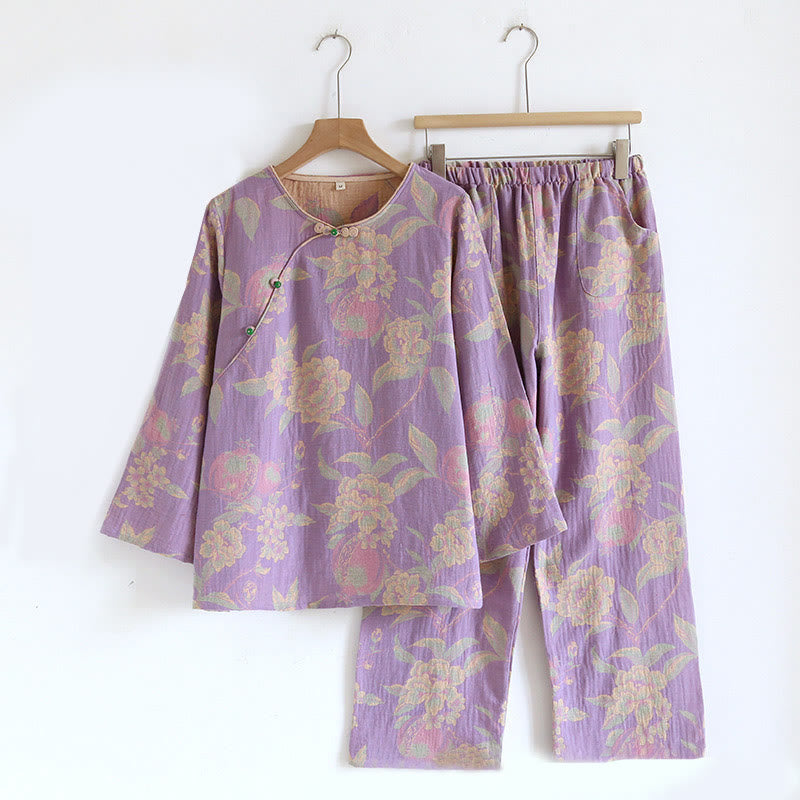 Conjunto de camisa y pantalón de algodón de 2 piezas con estampado floral, cuello redondo y botones, manga larga y bolsillos , Buddha Stones.  - Peonía orquídea - US6，UK/AU10，EU38 (XL) - image 6