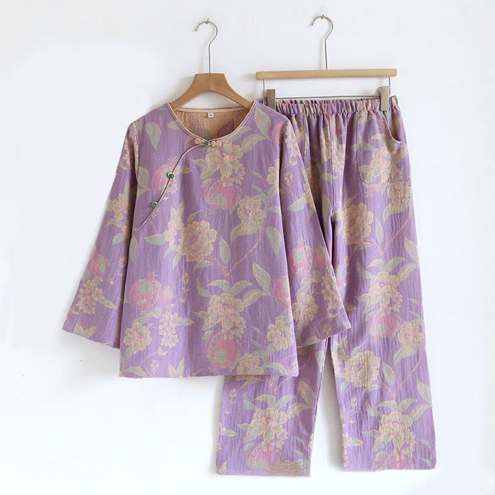 Conjunto de camisa y pantalón de algodón de 2 piezas con estampado floral, cuello redondo y botones, manga larga y bolsillos , Buddha Stones.  - Peonía orquídea - US6，UK/AU10，EU38 (XL) - image 6