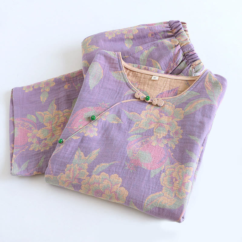 Conjunto de camisa y pantalón de algodón de 2 piezas con estampado floral, cuello redondo y botones, manga larga y bolsillos , Buddha Stones.  - image 8