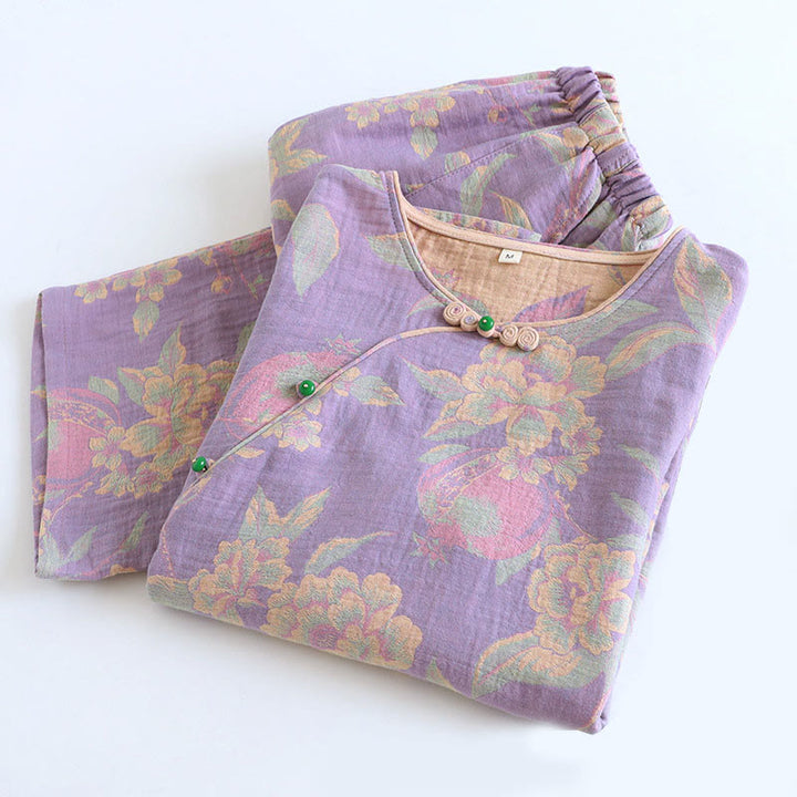 Conjunto de camisa y pantalón de algodón de 2 piezas con estampado floral, cuello redondo y botones, manga larga y bolsillos , Buddha Stones.  - image 8