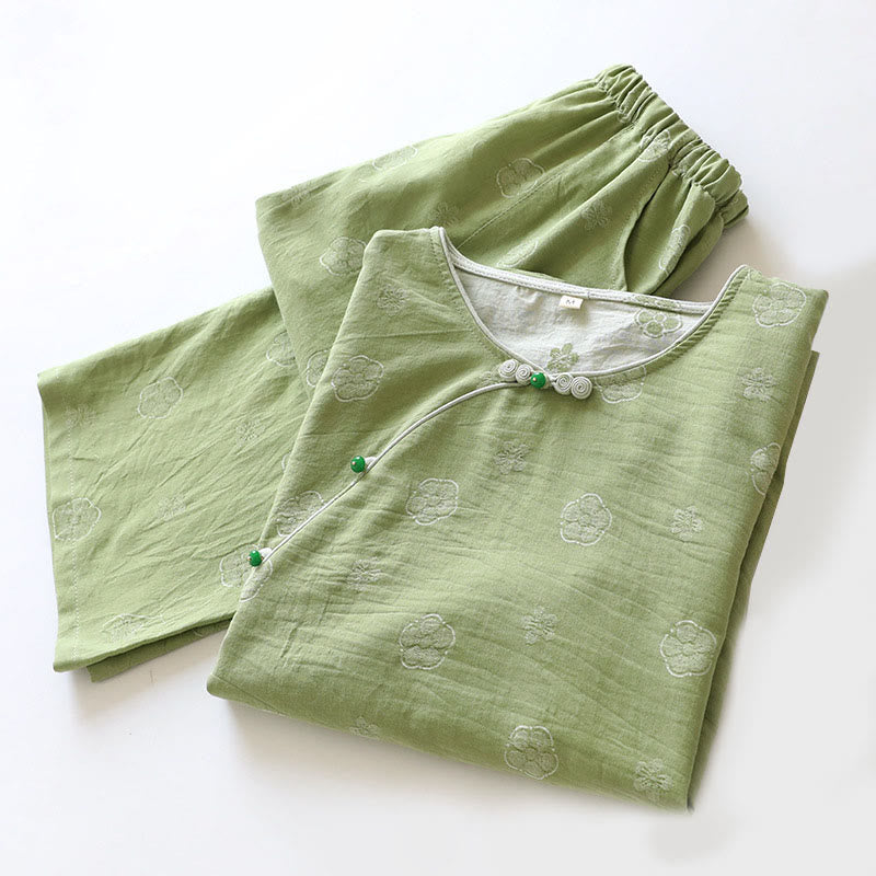 Conjunto de camisa y pantalón de algodón de 2 piezas con estampado floral, cuello redondo y botones, manga larga y bolsillos , Buddha Stones.  - image 5