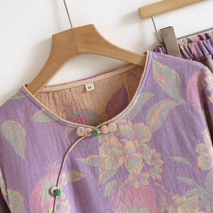 Conjunto de camisa y pantalón de algodón de 2 piezas con estampado floral, cuello redondo y botones, manga larga y bolsillos , Buddha Stones.  - image 9