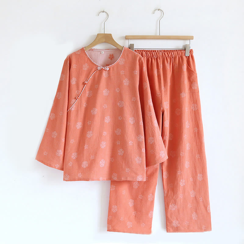 Conjunto de camisa y pantalón de algodón de 2 piezas con estampado floral, cuello redondo y botones, manga larga y bolsillos , Buddha Stones.  - Coral Plum Bossom - US6，UK/AU10，EU38 (XL) - image 2