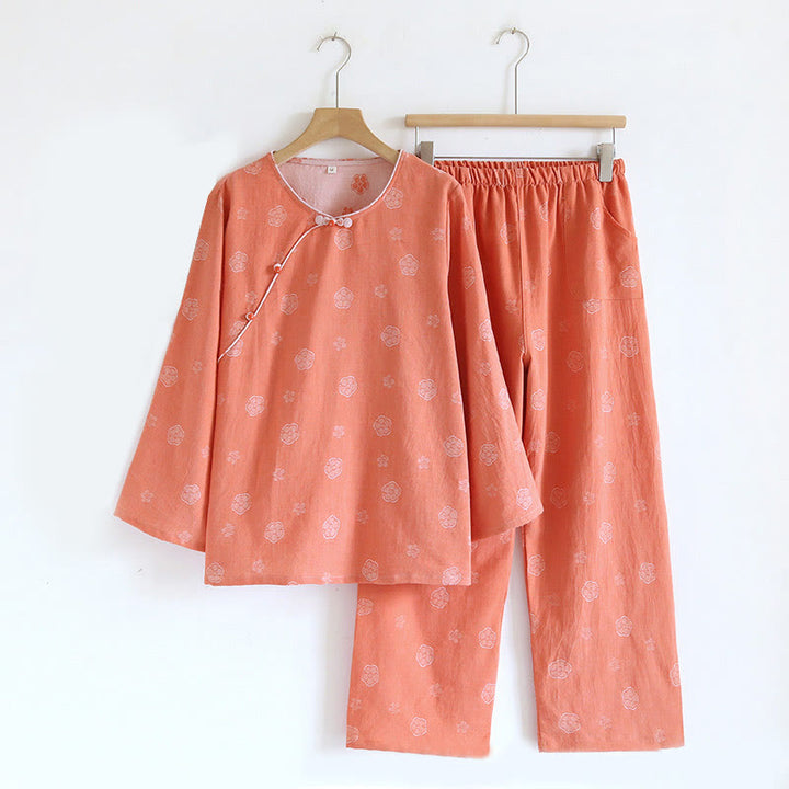 Conjunto de camisa y pantalón de algodón de 2 piezas con estampado floral, cuello redondo y botones, manga larga y bolsillos , Buddha Stones.  - Coral Plum Bossom - US6，UK/AU10，EU38 (XL) - image 2
