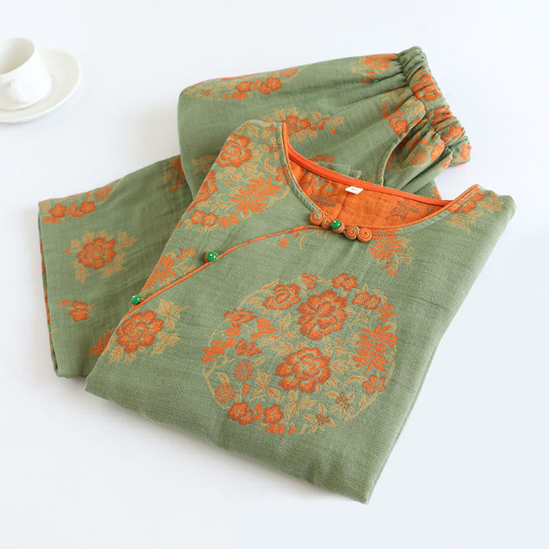 Conjunto de camisa y pantalón de algodón de 2 piezas con estampado floral, cuello redondo y botones, manga larga y bolsillos , Buddha Stones.  - image 1