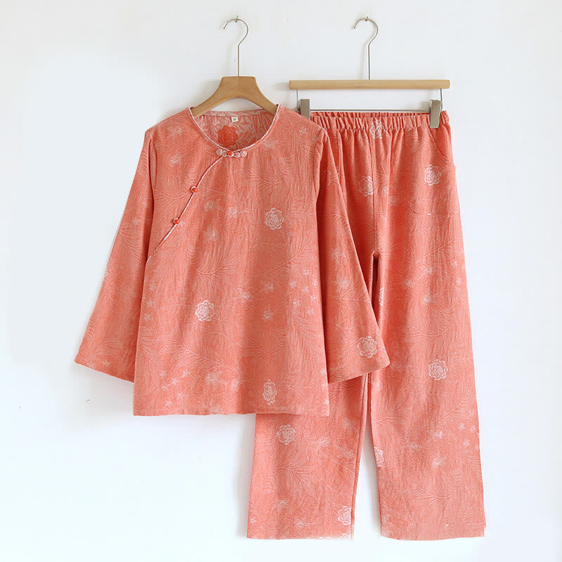 Conjunto de camisa y pantalón de algodón de 2 piezas con estampado floral, cuello redondo y botones, manga larga y bolsillos , Buddha Stones.  - Rosa coral - US6，UK/AU10，EU38 (XL) - image 25