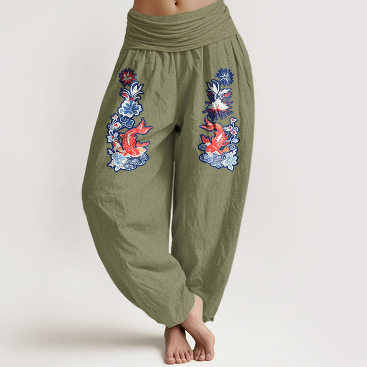 Pantalones bombachos de cintura elástica para mujer, de algodón puro con estampado de peces koi y flores de Buddha Stones. - Verde oliva - US16，UK/AU20，EU48 (3XL) - image 0