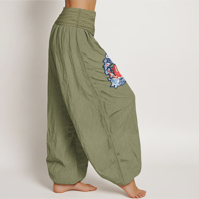 Pantalones bombachos de cintura elástica para mujer, de algodón puro con estampado de peces koi y flores de Buddha Stones. - image 2