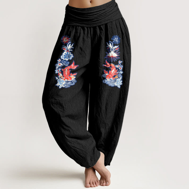Pantalones bombachos de cintura elástica para mujer, de algodón puro con estampado de peces koi y flores de Buddha Stones. - Negro - US16，UK/AU20，EU48 (3XL) - image 5