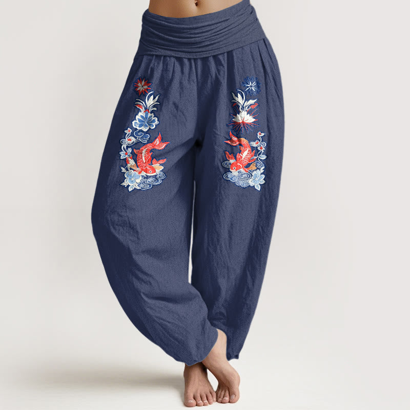 Pantalones bombachos de cintura elástica para mujer, de algodón puro con estampado de peces koi y flores de Buddha Stones. - Azul pizarra oscuro - US16，UK/AU20，EU48 (3XL) - image 8