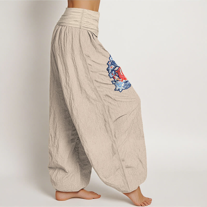 Pantalones bombachos de cintura elástica para mujer, de algodón puro con estampado de peces koi y flores de Buddha Stones. - image 16