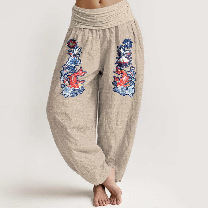 Pantalones bombachos de cintura elástica para mujer, de algodón puro con estampado de peces koi y flores de Buddha Stones. - Broncearse - US16，UK/AU20，EU48 (3XL) - image 14