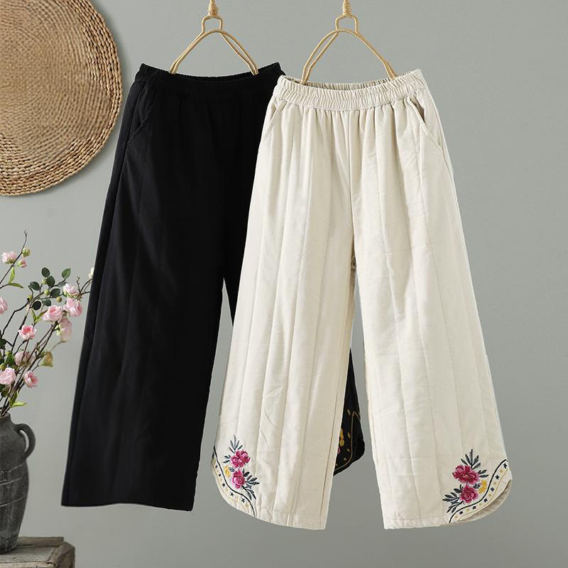 Pantalones térmicos de algodón para mujer con bordado étnico floral de Buddha Stones y bolsillos - image 0