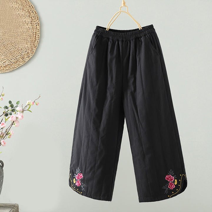 Pantalones térmicos de algodón para mujer con bordado étnico floral de Buddha Stones y bolsillos - Negro - US8-10，UK/AU12-14，EU40-42 (2XL) - image 10