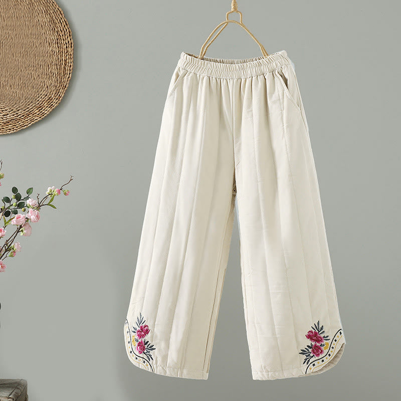 Pantalones térmicos de algodón para mujer con bordado étnico floral de Buddha Stones y bolsillos - Beige - US8-10，UK/AU12-14，EU40-42 (2XL) - image 1