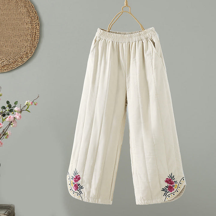 Pantalones térmicos de algodón para mujer con bordado étnico floral de Buddha Stones y bolsillos - Beige - US8-10，UK/AU12-14，EU40-42 (2XL) - image 1