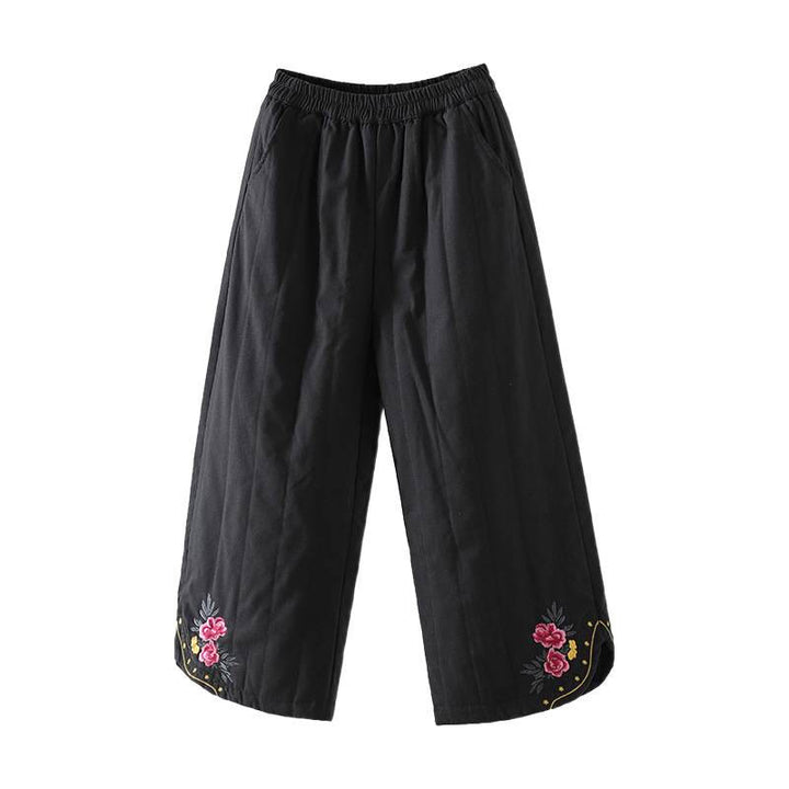 Pantalones térmicos de algodón para mujer con bordado étnico floral de Buddha Stones y bolsillos - image 15
