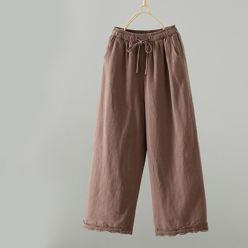 Pantalones térmicos de algodón con cordón ajustable y diseño patchwork de encaje de color liso para mujer de Buddha Stones, con bolsillos y estampado de encaje. - Tierra de siena - US8-10，UK/AU12-14，EU40-42 (2XL) - image 0