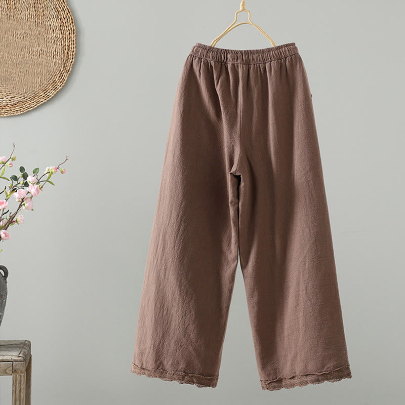 Pantalones térmicos de algodón con cordón ajustable y diseño patchwork de encaje de color liso para mujer de Buddha Stones, con bolsillos y estampado de encaje. - image 1