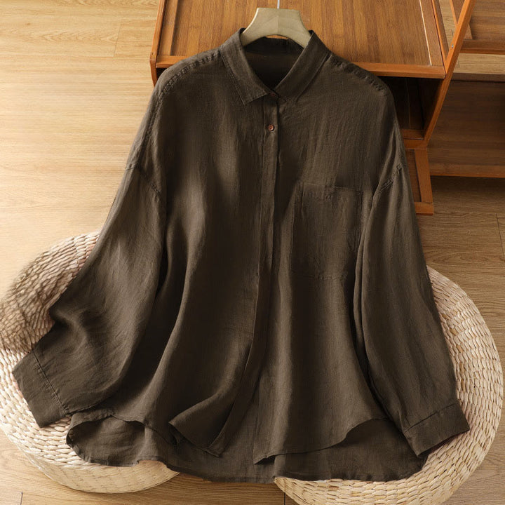 Camisa de manga larga para mujer con solapa y bolsillo, con estampado de Buddha Stones, ideal para el otoño. - Marrón silla de montar - US12, UK/AU16, EU44 (2XL) - image 10