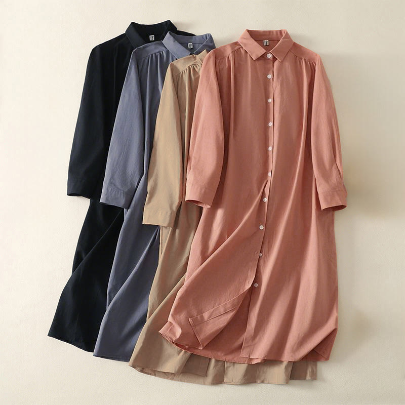 Vestido midi de algodón de manga larga con botones en la solapa, estampado de Buddha Stones y color liso otoñal, con bolsillos. - image 0