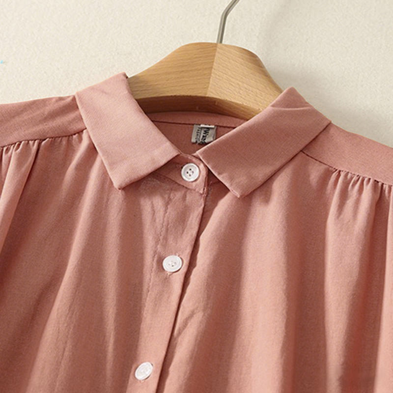 Vestido midi de algodón de manga larga con botones en la solapa, estampado de Buddha Stones y color liso otoñal, con bolsillos. - image 3