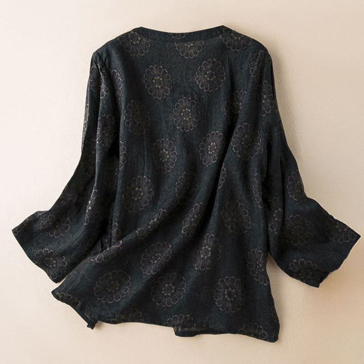 Camisa de manga larga para mujer con estampado floral y cuello en V de Buddha Stones Spring - image 1