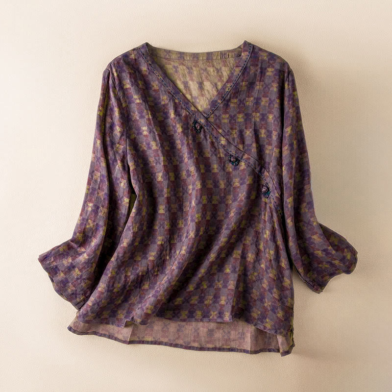 Camisa de manga larga para mujer con estampado floral y cuello en V de Buddha Stones Spring - Magenta oscuro - US8-10，UK/AU12-14，EU40-42 (2XL) - image 12