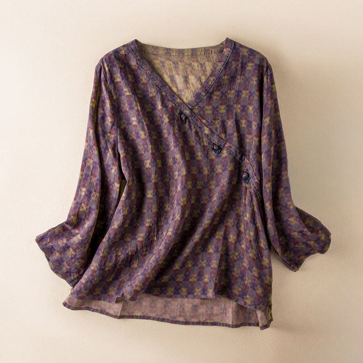 Camisa de manga larga para mujer con estampado floral y cuello en V de Buddha Stones Spring - Magenta oscuro - US8-10，UK/AU12-14，EU40-42 (2XL) - image 12